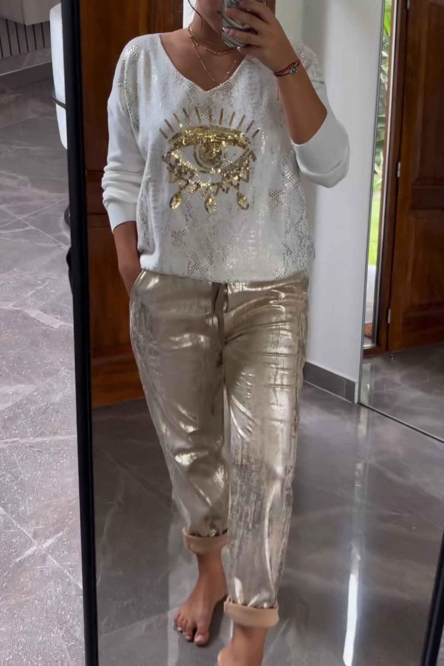 Conjunto de Dos Piezas de Top con Lentejuelas y Pantalones Metalizados