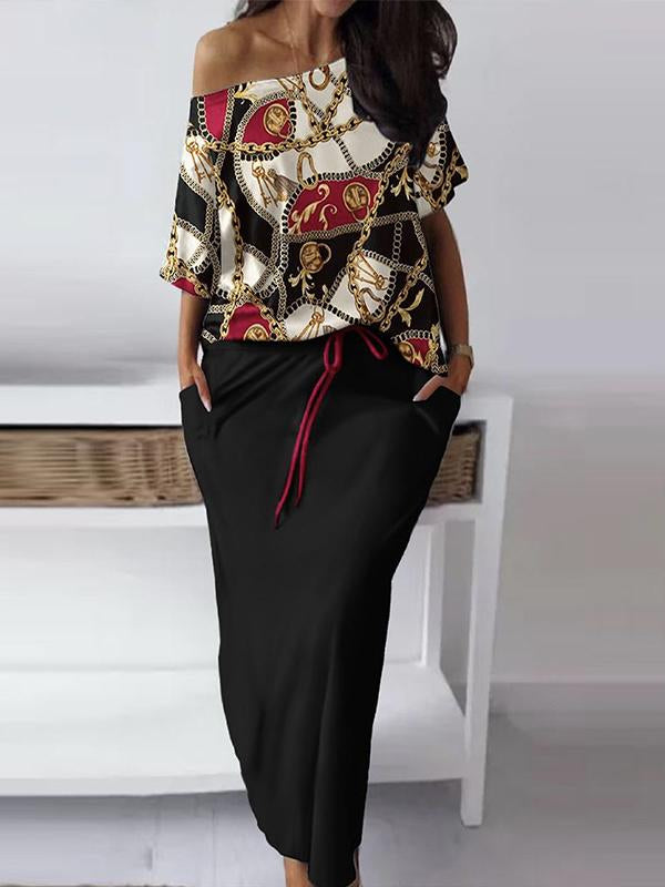 Conjunto de Falda Casual y Estampada con Escote de Hombro a Hombro