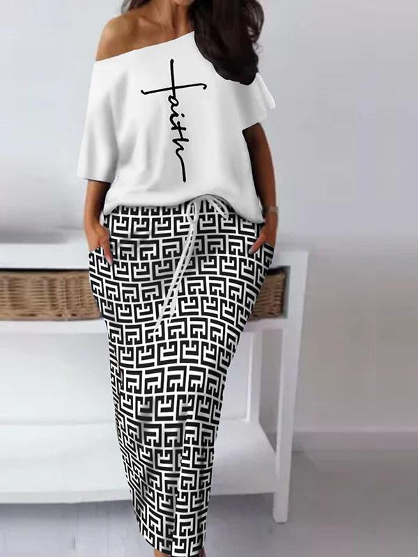 Conjunto de Falda Casual y Estampada con Escote de Hombro a Hombro