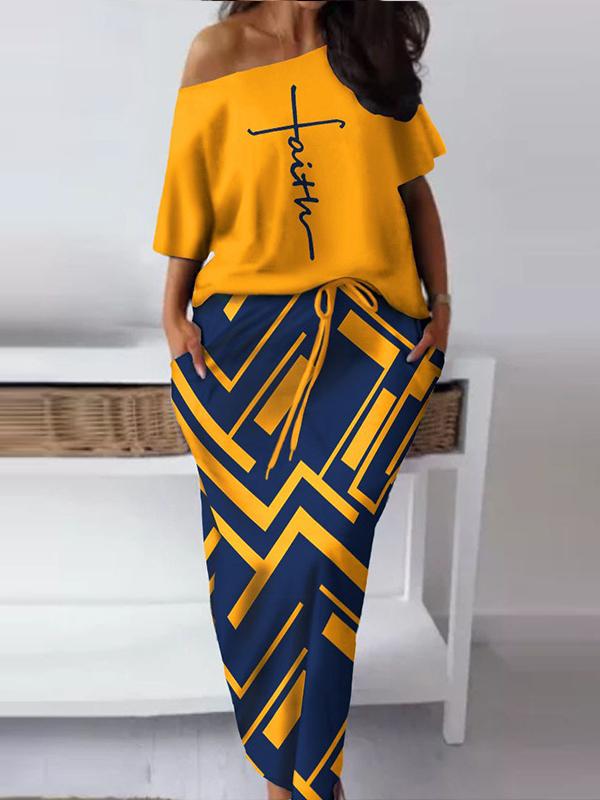 Conjunto de Falda Casual y Estampada con Escote de Hombro a Hombro