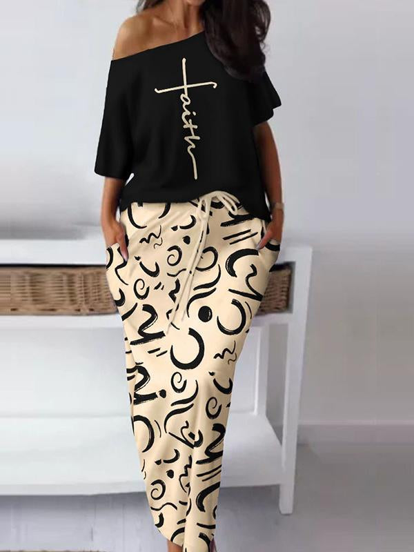 Conjunto de Falda Casual y Estampada con Escote de Hombro a Hombro