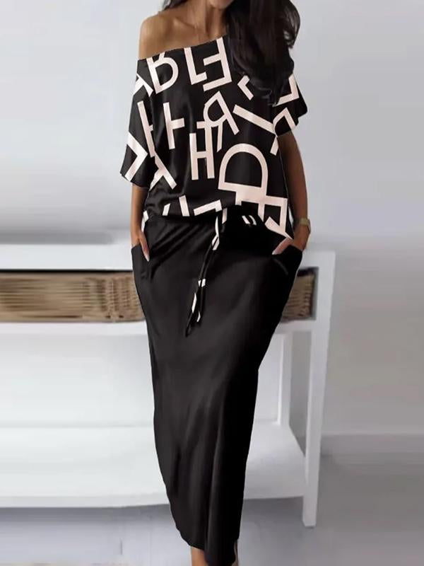 Conjunto de Falda Casual y Estampada con Escote de Hombro a Hombro