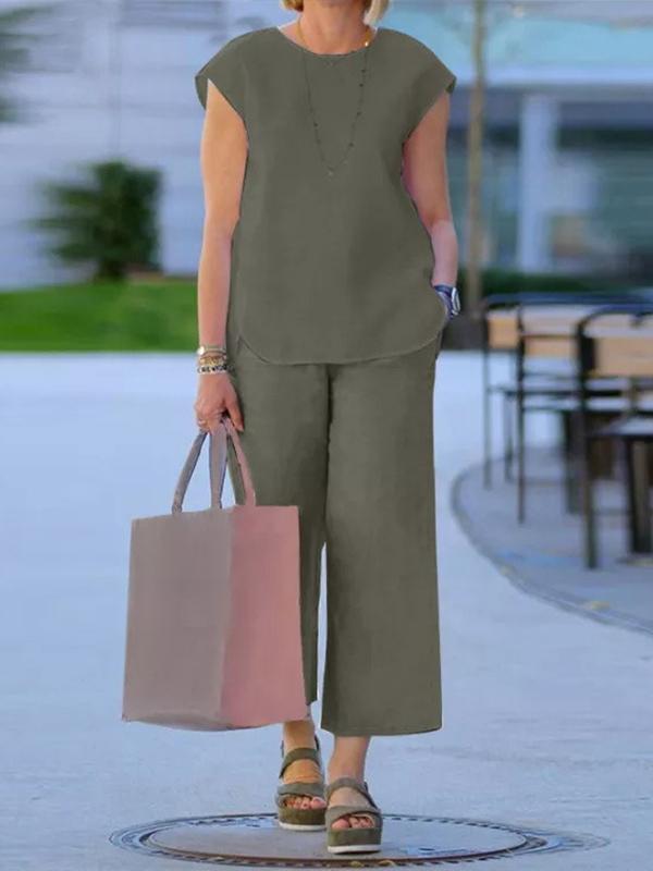 Conjunto Básico con Chaleco de Cuello Redondo y Pantalones de Pierna Ancha