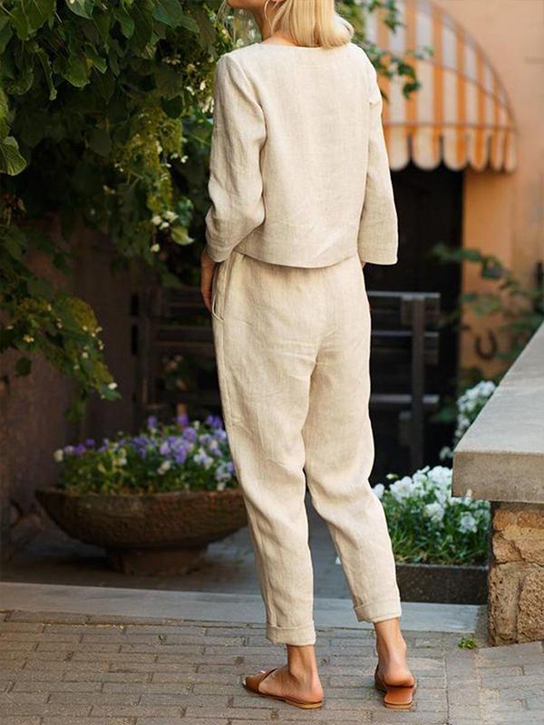 Conjunto Femenino Casual Básico de Pantalones de Manga Larga de Algodón y Lino