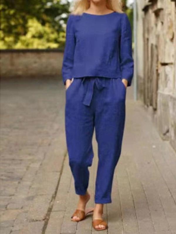 Conjunto Femenino Casual Básico de Pantalones de Manga Larga de Algodón y Lino
