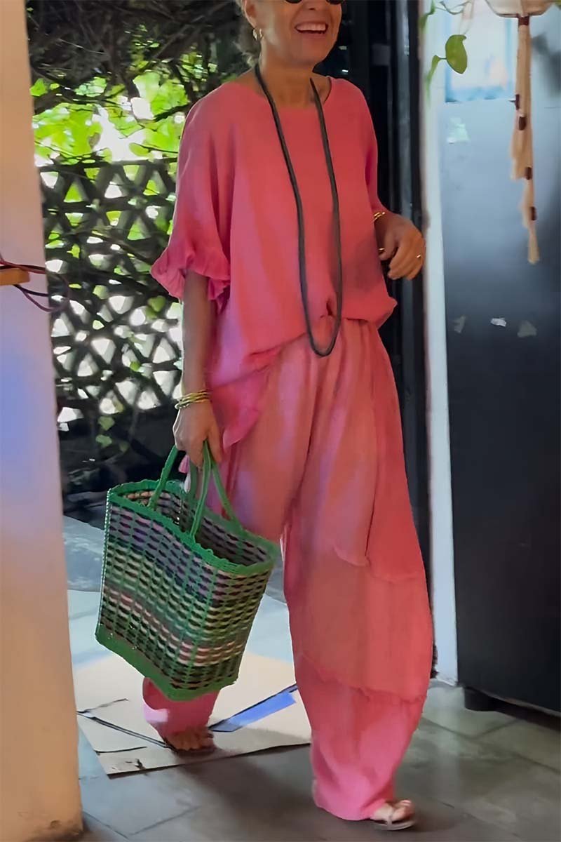Conjunto Femenino Casual con Pantalones de Algodón y Lino y Mangas Abullonadas