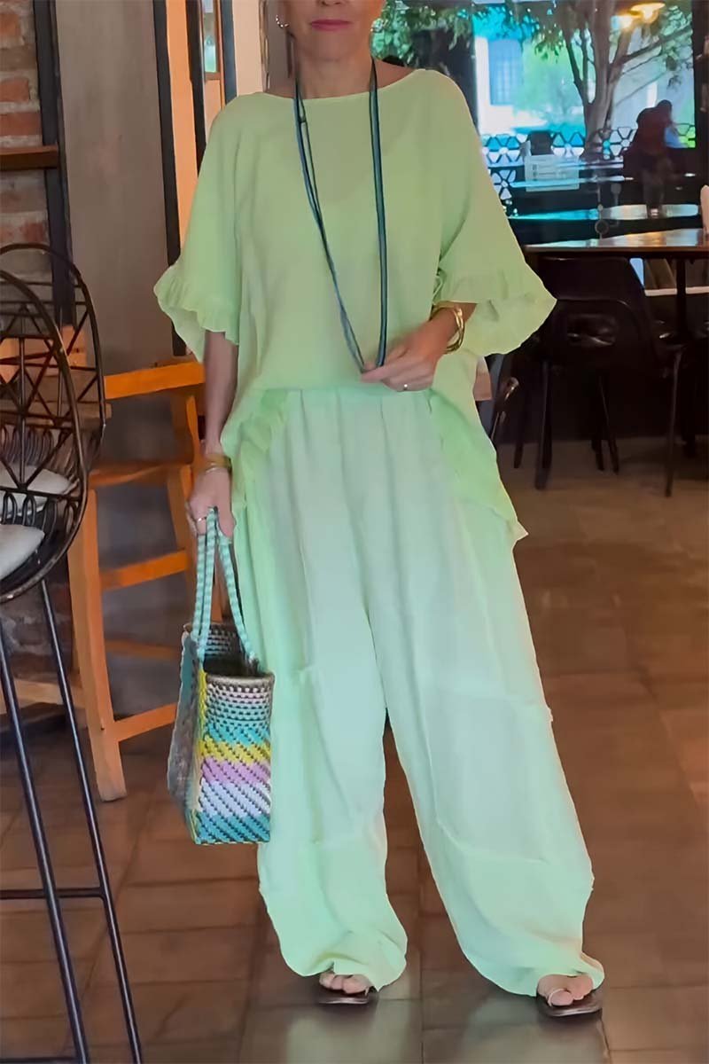 Conjunto Femenino Casual con Pantalones de Algodón y Lino y Mangas Abullonadas