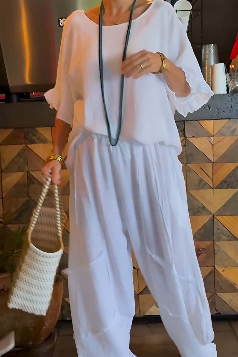 Conjunto Femenino Casual con Pantalones de Algodón y Lino y Mangas Abullonadas
