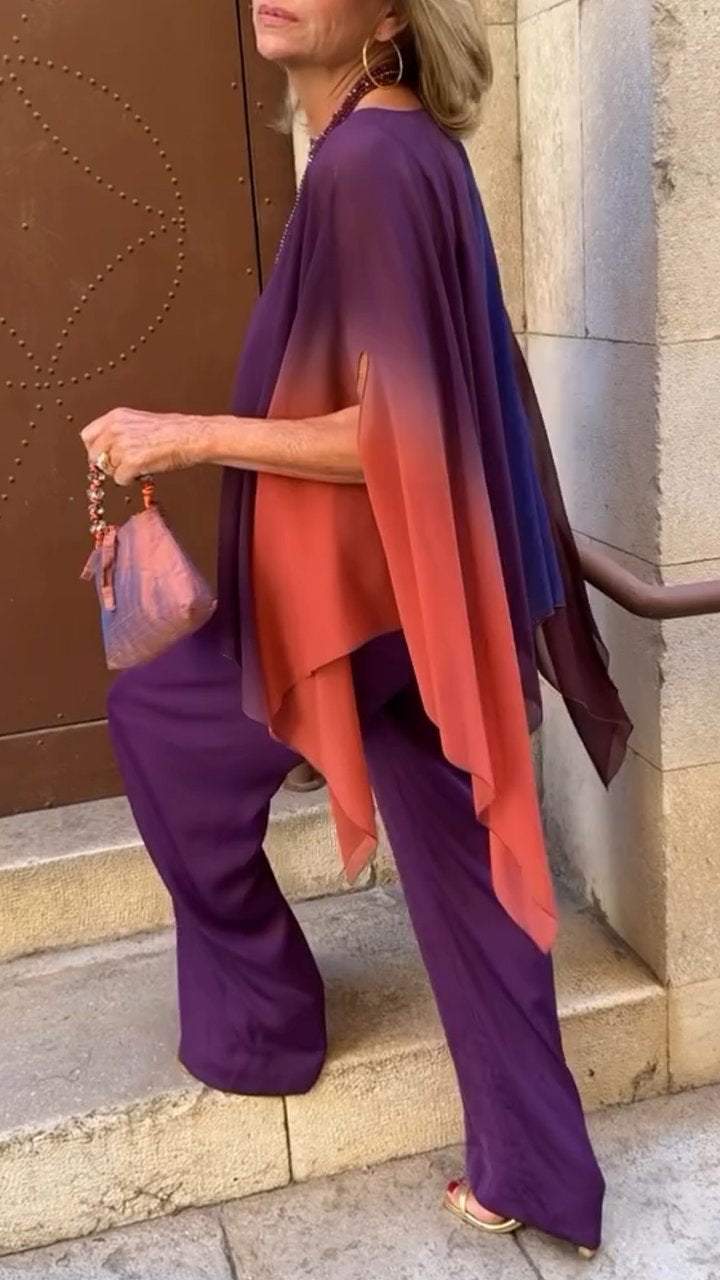 Conjunto Femenino Casual con Cuello Redondo y Mangas de Murciélago en Degradé