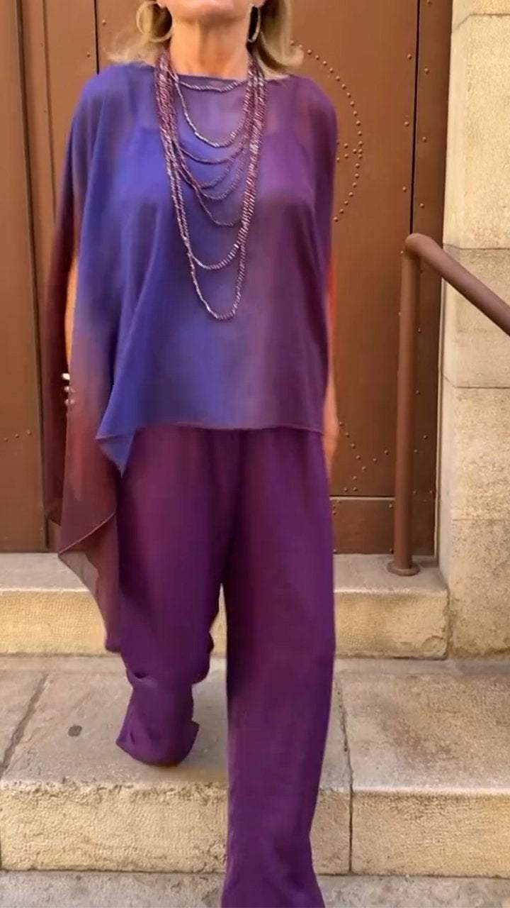 Conjunto Femenino Casual con Cuello Redondo y Mangas de Murciélago en Degradé