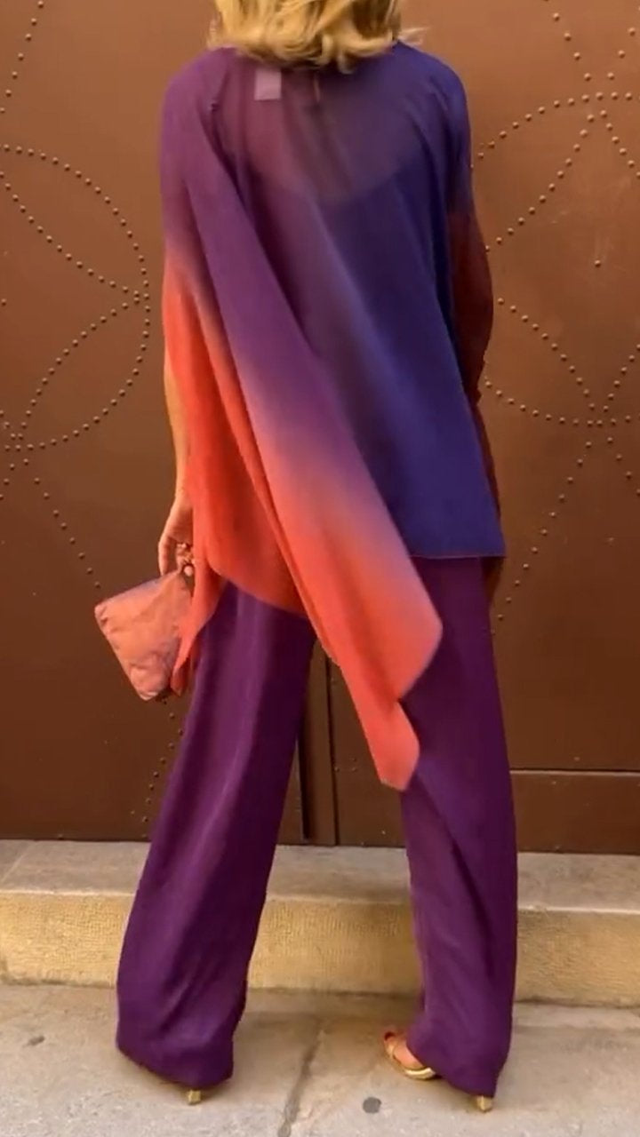Conjunto Femenino Casual con Cuello Redondo y Mangas de Murciélago en Degradé