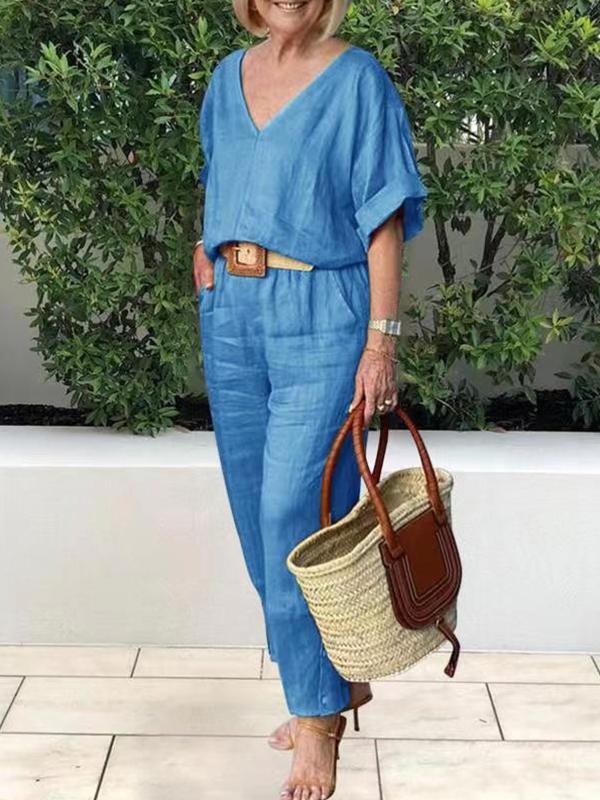 Conjunto Femenino Casual de Algodón y Lino Siena – Blusa Escote en V y Pantalón