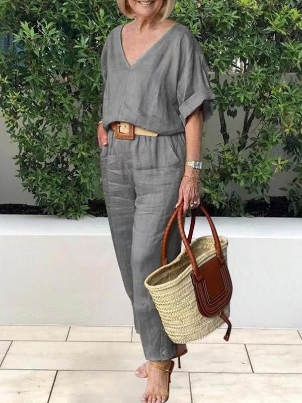Conjunto Femenino Casual de Algodón y Lino Siena – Blusa Escote en V y Pantalón