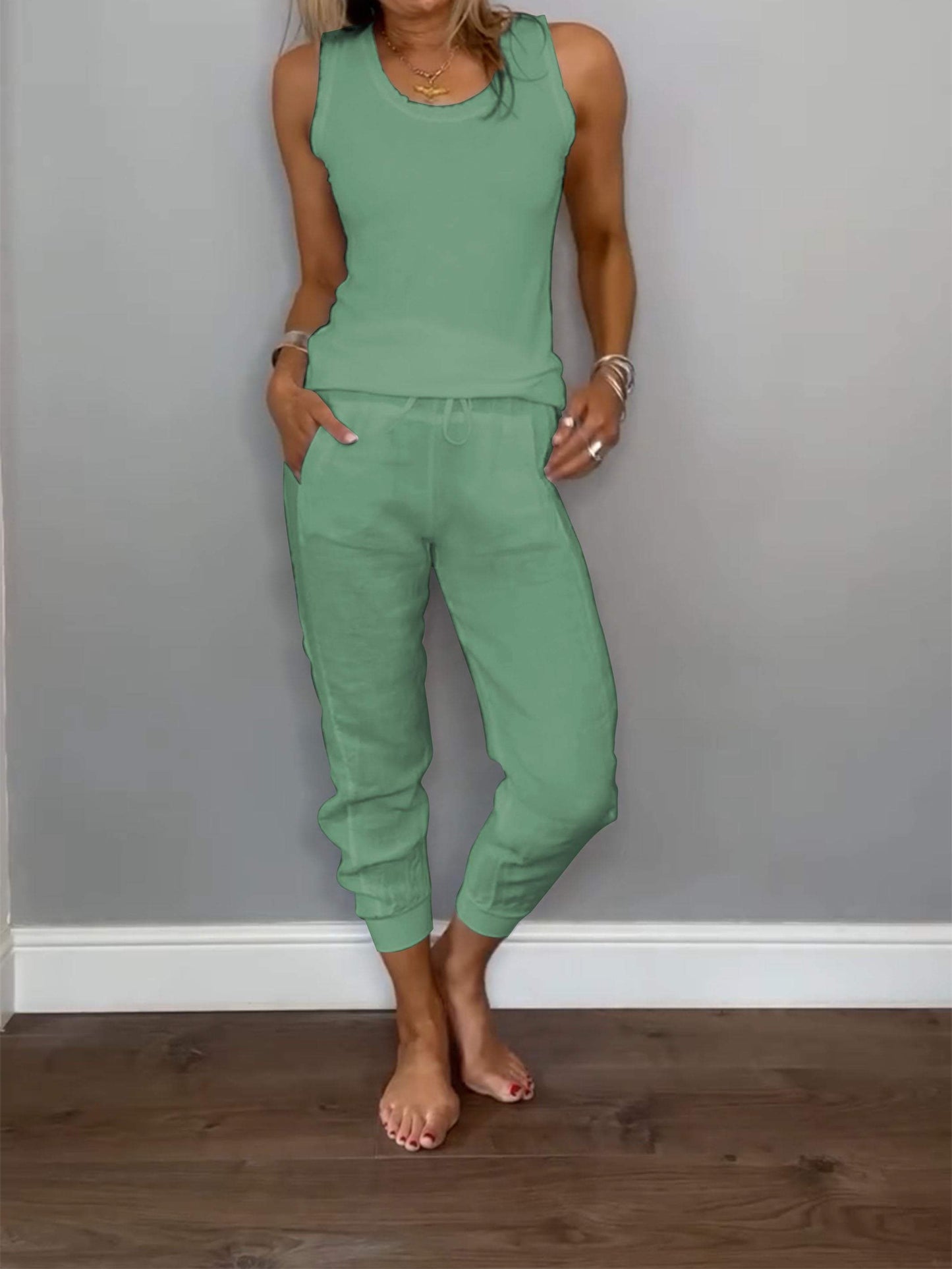 Conjunto Femenino Casual de Algodón y Lino de Dos Piezas
