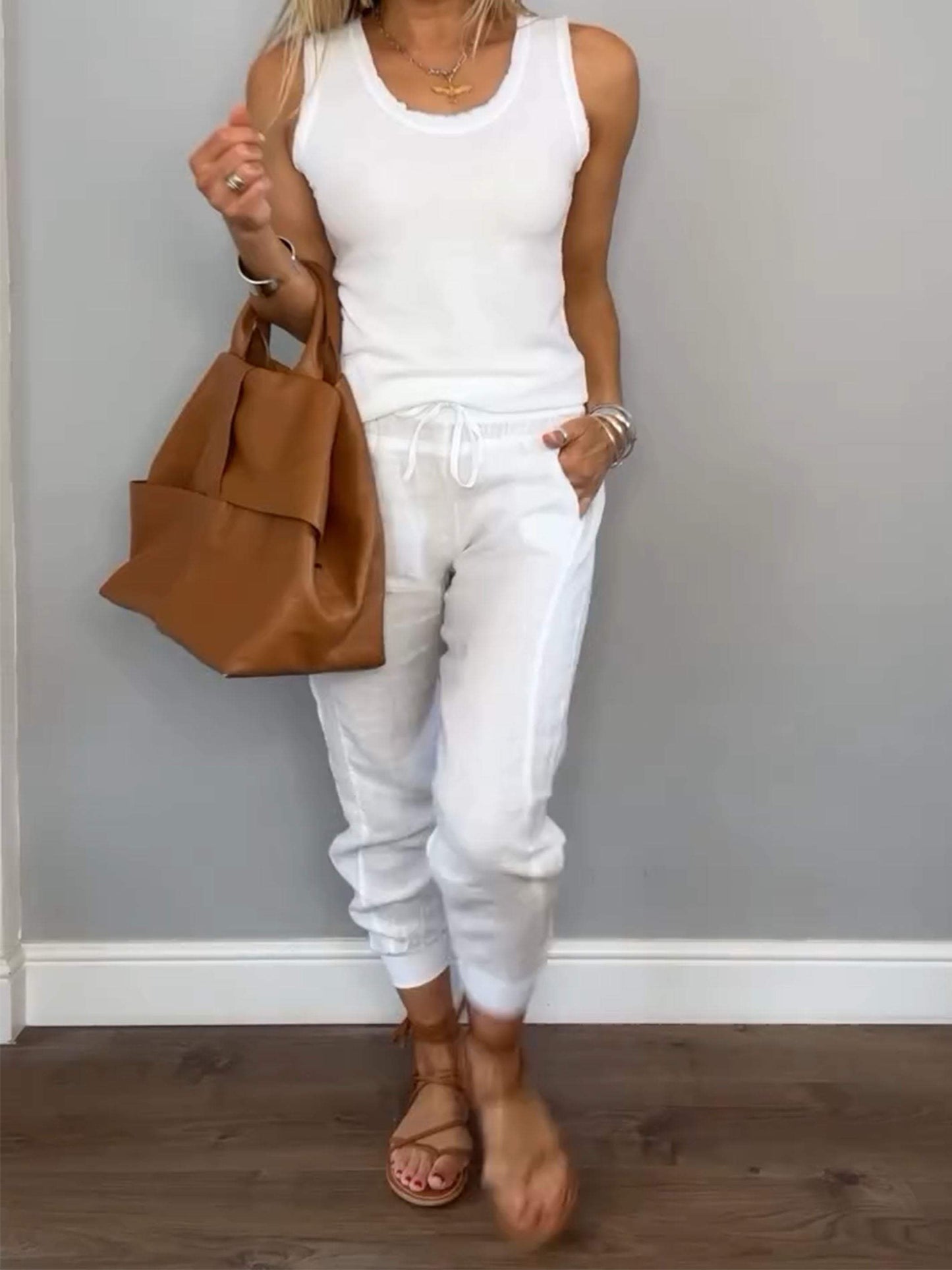 Conjunto Femenino Casual de Algodón y Lino de Dos Piezas