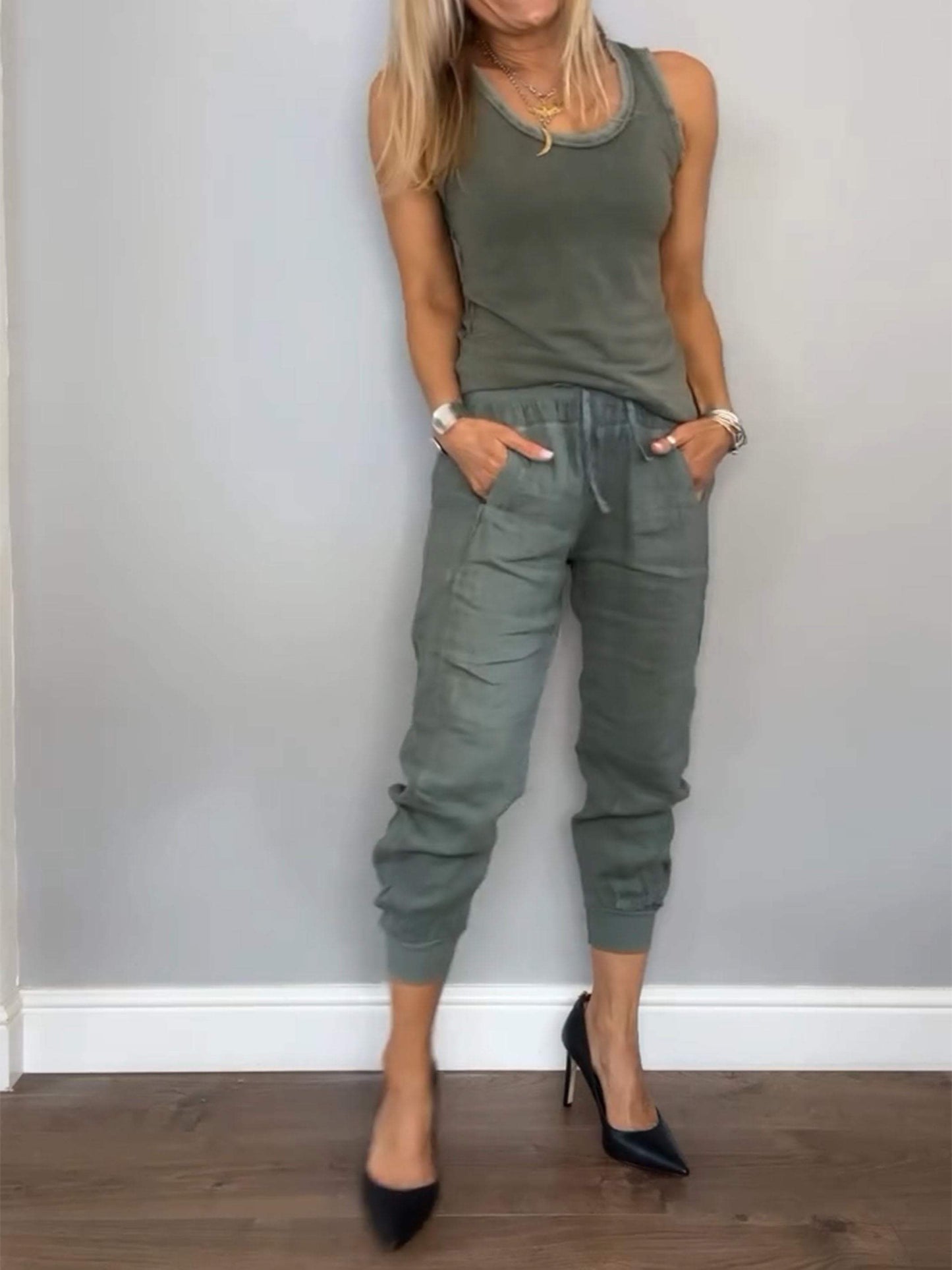 Conjunto Femenino Casual de Algodón y Lino de Dos Piezas