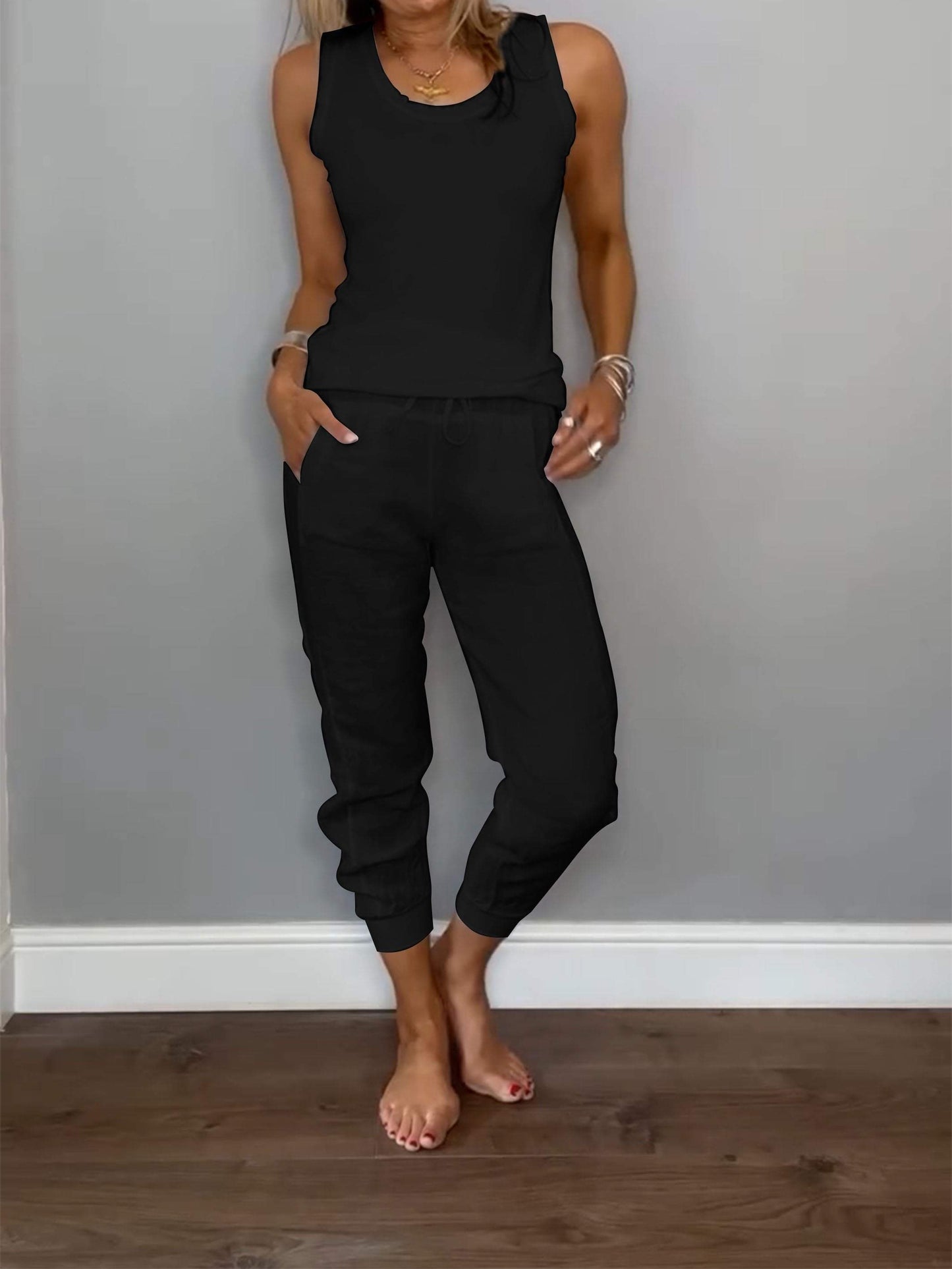 Conjunto Femenino Casual de Algodón y Lino de Dos Piezas