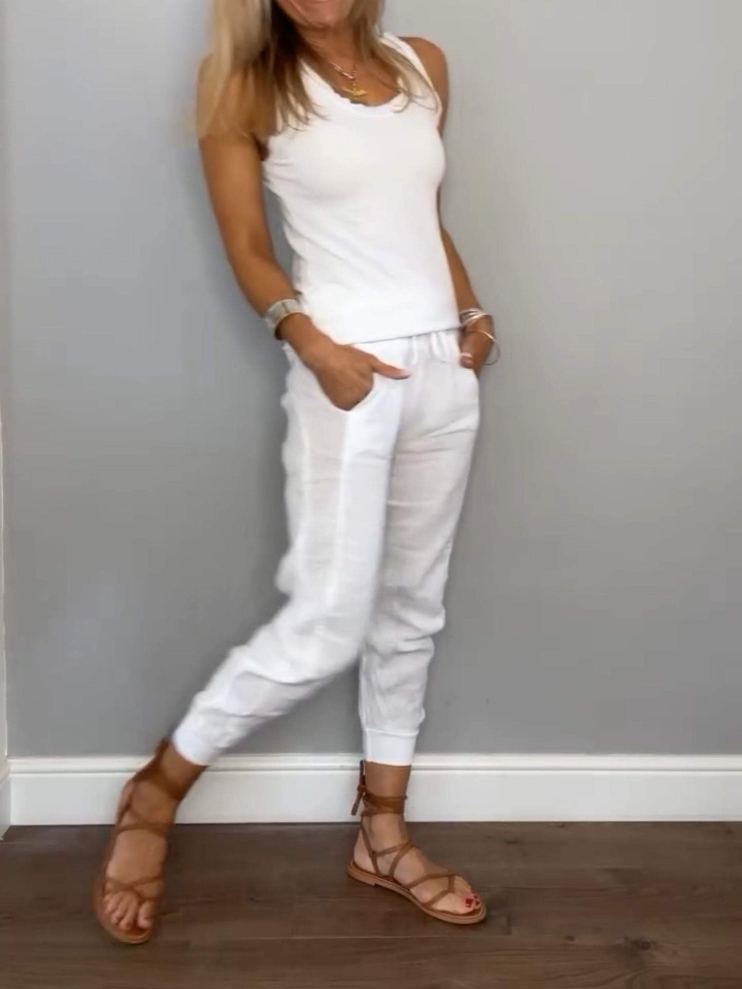 Conjunto Femenino Casual de Algodón y Lino de Dos Piezas