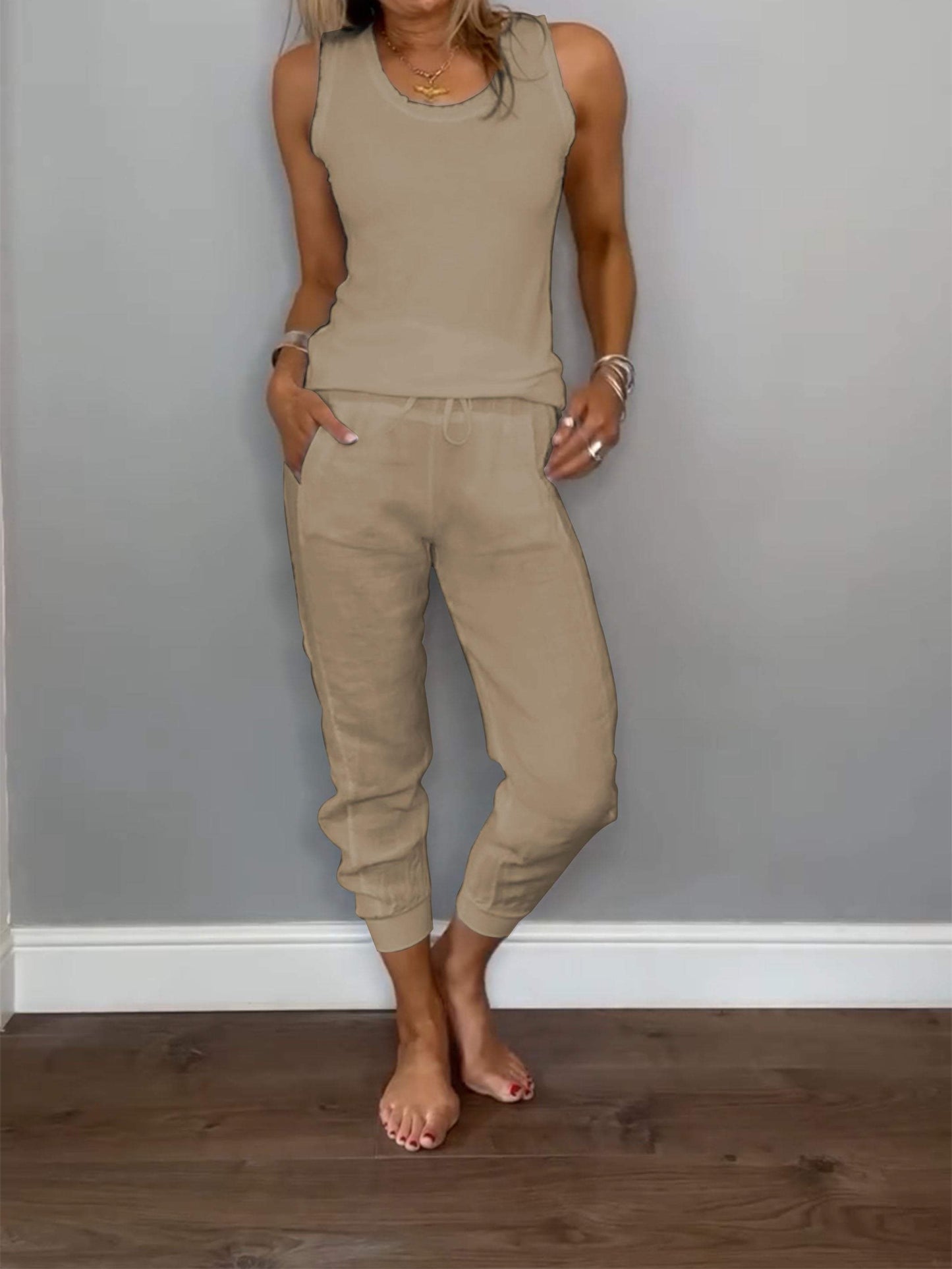 Conjunto Femenino Casual de Algodón y Lino de Dos Piezas