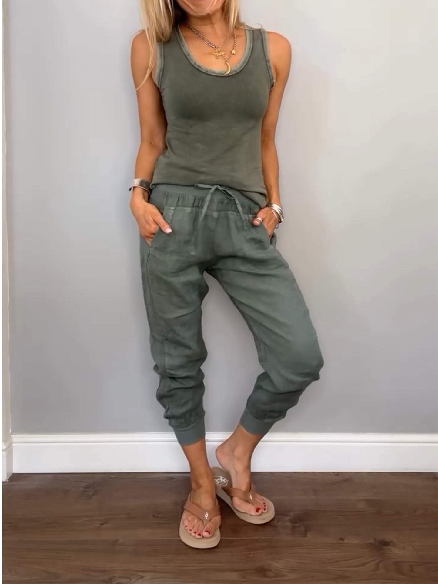Conjunto Femenino Casual de Algodón y Lino de Dos Piezas