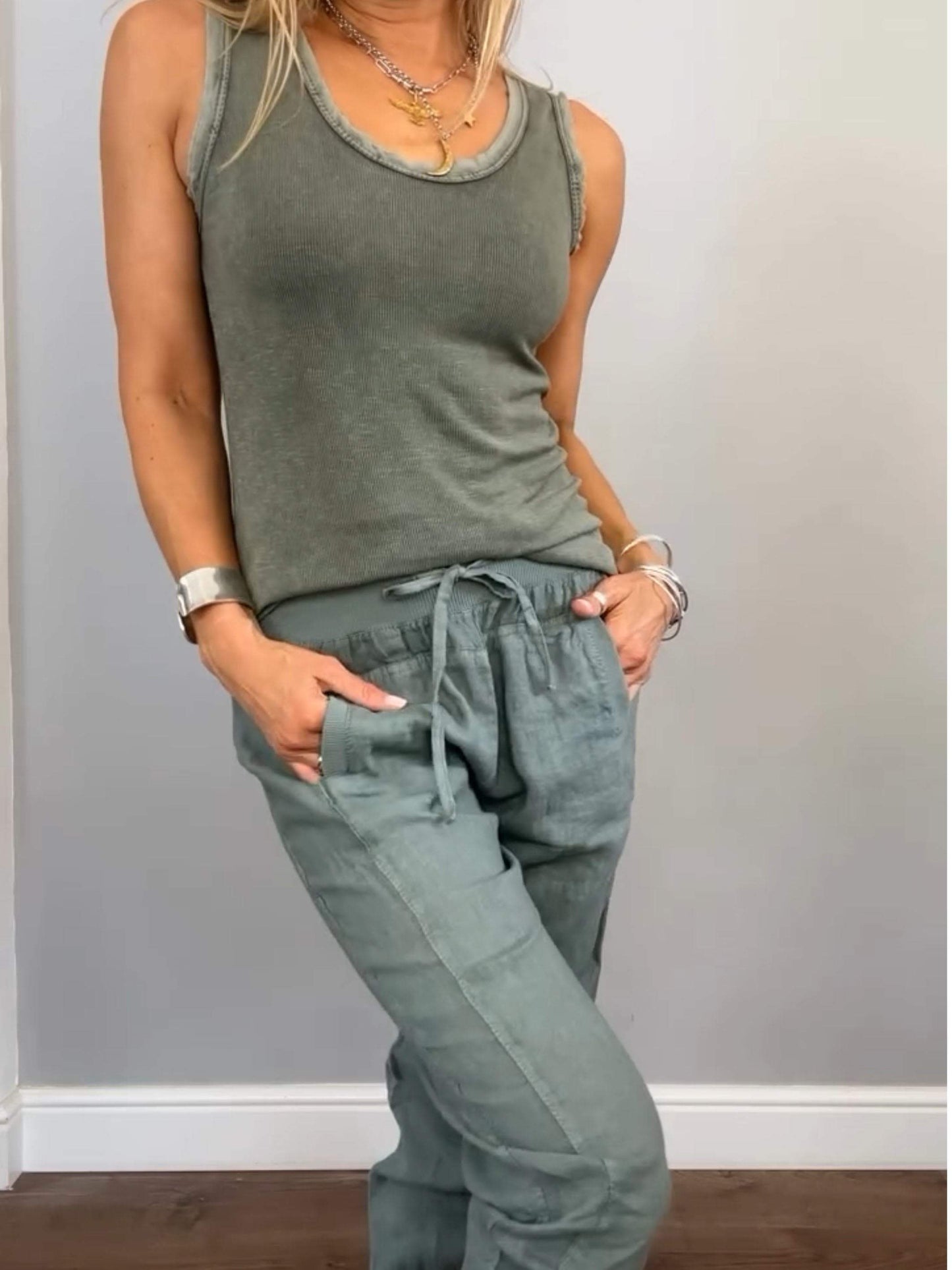 Conjunto Femenino Casual de Algodón y Lino de Dos Piezas