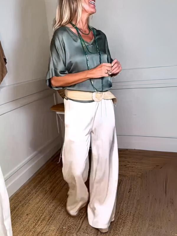 Conjunto Femenino Casual de Blusas de Satén y Pantalones con Cordón de Dos Piezas