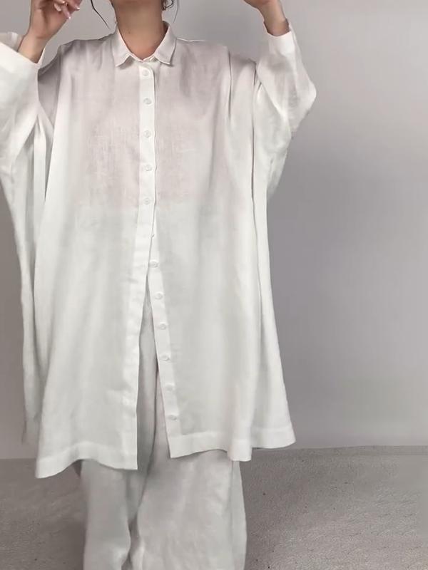 Conjunto Femenino Casual de Camisa Lisa y Pantalones de Dos Piezas