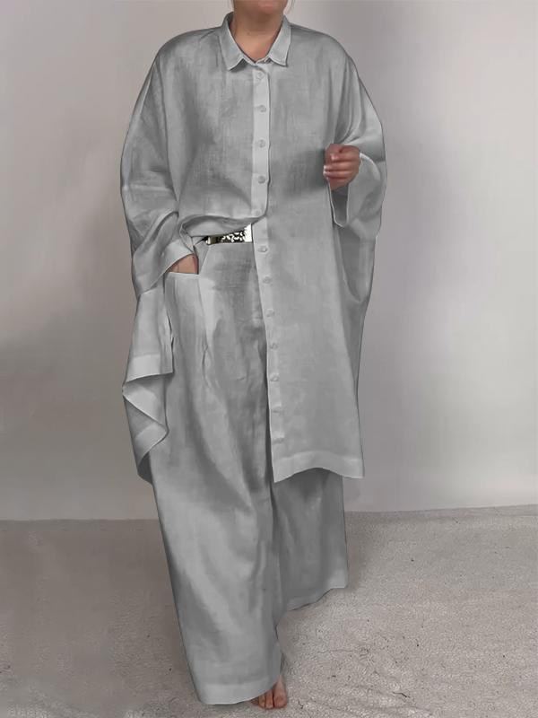 Conjunto Femenino Casual de Camisa Lisa y Pantalones de Dos Piezas