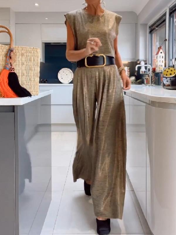 Conjunto Femenino Casual de Chaleco Brillante y Pantalones de Pierna Ancha de Dos Piezas