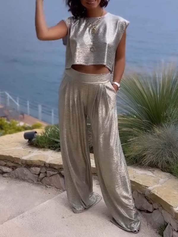 Conjunto Femenino Casual de Chaleco Brillante y Pantalones de Pierna Ancha de Dos Piezas