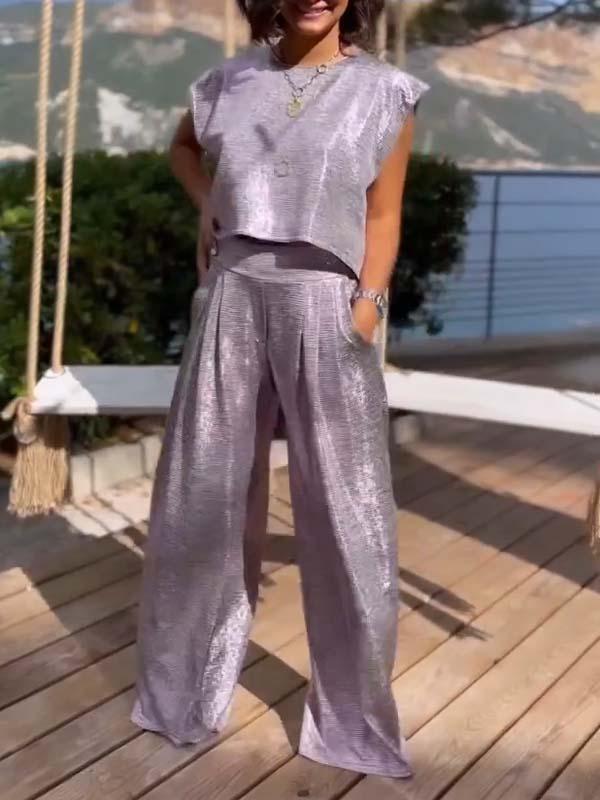 Conjunto Femenino Casual de Chaleco Brillante y Pantalones de Pierna Ancha de Dos Piezas