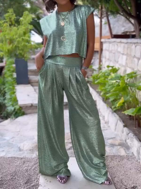 Conjunto Femenino Casual de Chaleco Brillante y Pantalones de Pierna Ancha de Dos Piezas