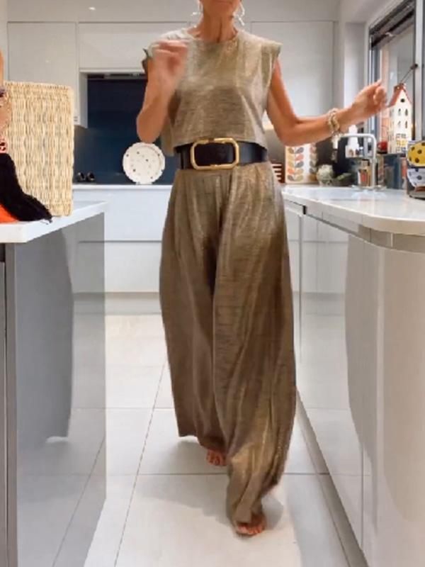 Conjunto Femenino Casual de Chaleco Brillante y Pantalones de Pierna Ancha de Dos Piezas