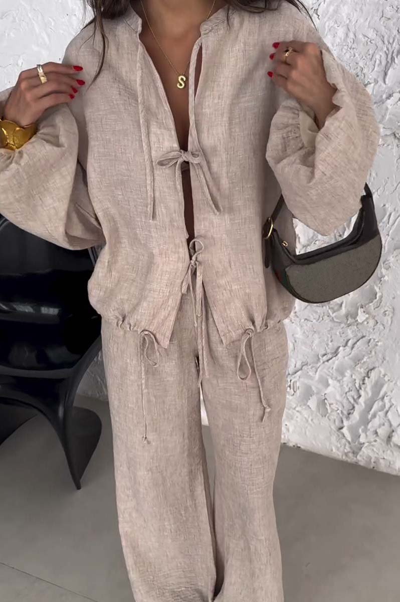 Conjunto Femenino Casual de Color Sólido con Amarre de Dos Piezas