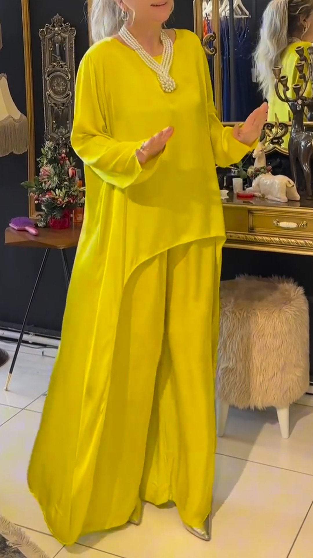 Conjunto Femenino Casual de Color Sólido con Frente Corto y Espaldas Largas