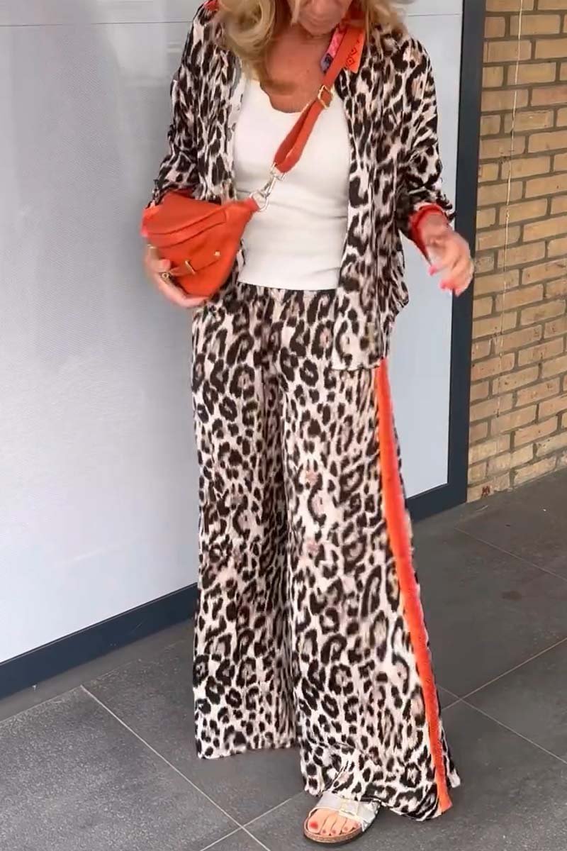 Conjunto Casual de Dos Piezas con Estampado de Leopardo y Detalles Laterales Coloridos