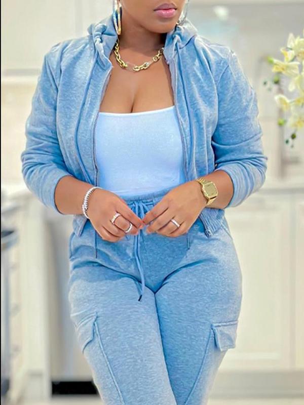 Conjunto Femenino Casual de Chaqueta con Cremallera y Cordón y Pantalones Cargo con Múltiples Bolsillos