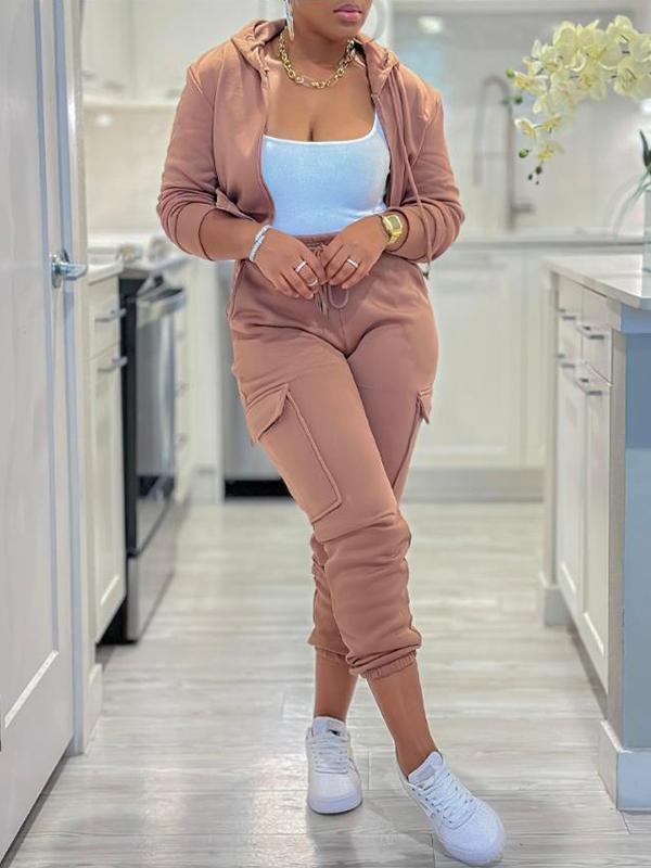 Conjunto Femenino Casual de Chaqueta con Cremallera y Cordón y Pantalones Cargo con Múltiples Bolsillos