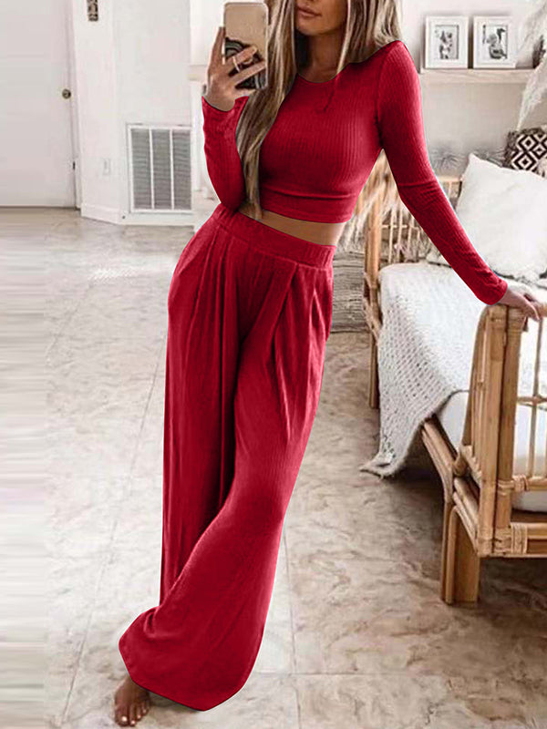 Conjunto Femenino Casual de Malha para Casa de Color Sólido y Dos Piezas