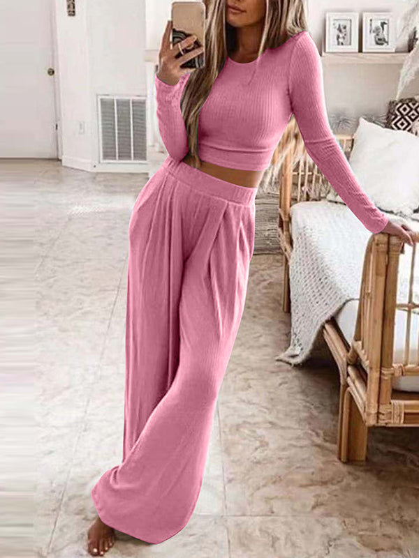 Conjunto Femenino Casual de Malha para Casa de Color Sólido y Dos Piezas