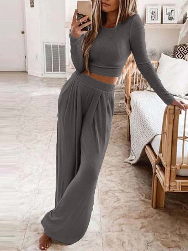 Conjunto Femenino Casual de Malha para Casa de Color Sólido y Dos Piezas