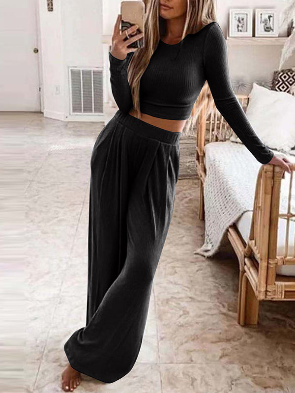 Conjunto Femenino Casual de Malha para Casa de Color Sólido y Dos Piezas