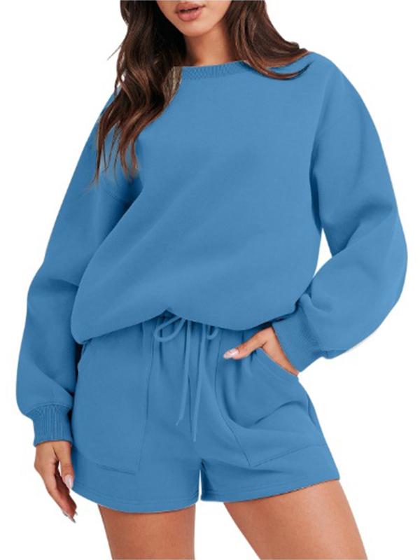 Conjunto Femenino Casual de Top con Manga Larga y Shorts con Cuello Redondo