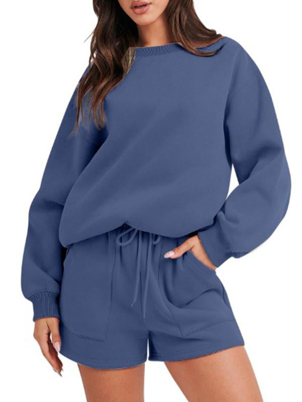 Conjunto Femenino Casual de Top con Manga Larga y Shorts con Cuello Redondo