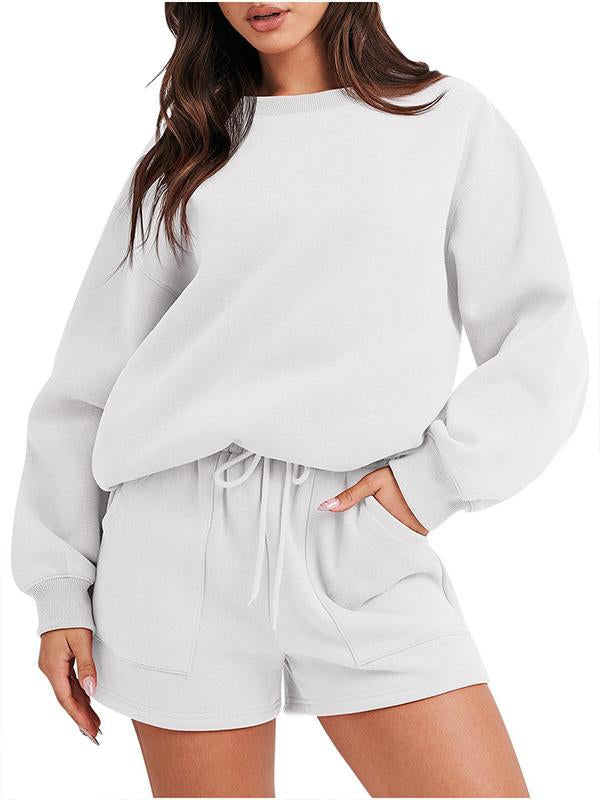 Conjunto Femenino Casual de Top con Manga Larga y Shorts con Cuello Redondo