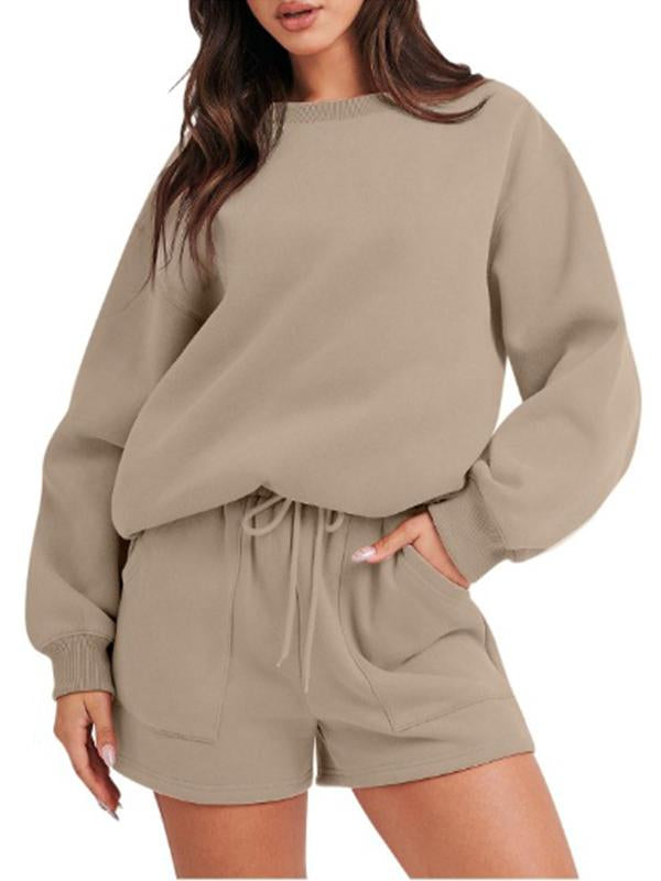 Conjunto Femenino Casual de Top con Manga Larga y Shorts con Cuello Redondo