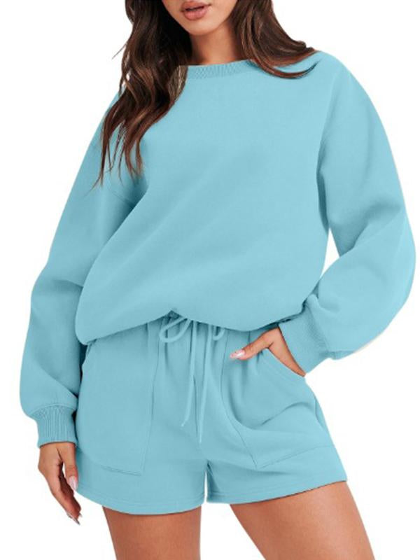 Conjunto Femenino Casual de Top con Manga Larga y Shorts con Cuello Redondo