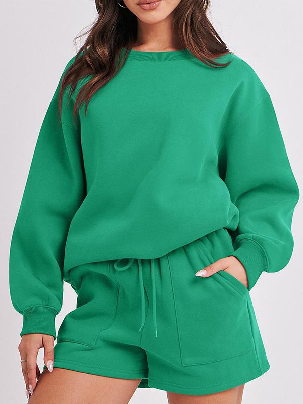 Conjunto Femenino Casual de Top con Manga Larga y Shorts con Cuello Redondo