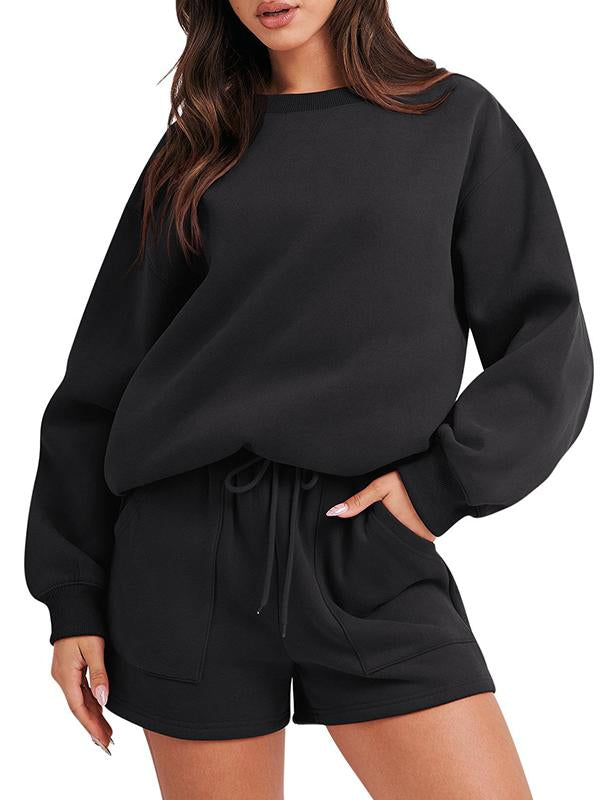 Conjunto Femenino Casual de Top con Manga Larga y Shorts con Cuello Redondo