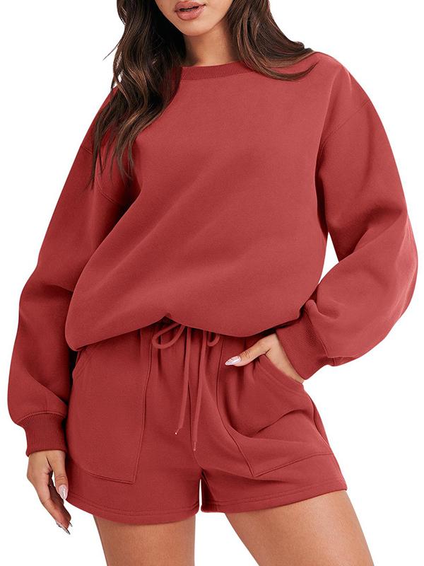 Conjunto Femenino Casual de Top con Manga Larga y Shorts con Cuello Redondo
